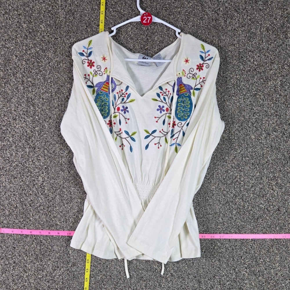 Junction West Embroidered Peacock Top Women Size M Cream Boho Smocked Waist